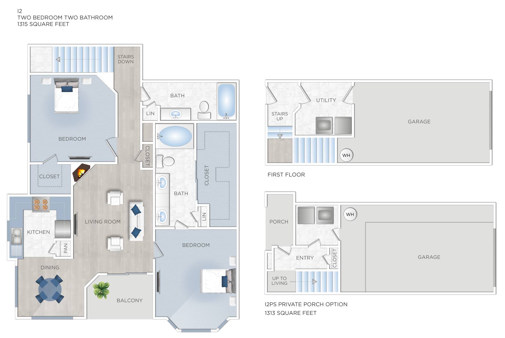 Floor plan for 2 beds, 2 baths, 1315 sqft